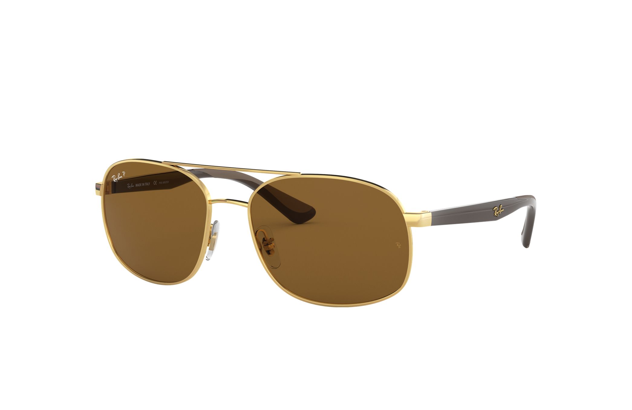 Ray-Ban RB3593-001/83 sunglasses featuring a gold square frame and brown lenses, perfect for men seeking stylish eyewear.